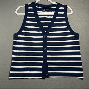 LOFT Striped Button Front Tank Top Navy White Cotton Womens Large